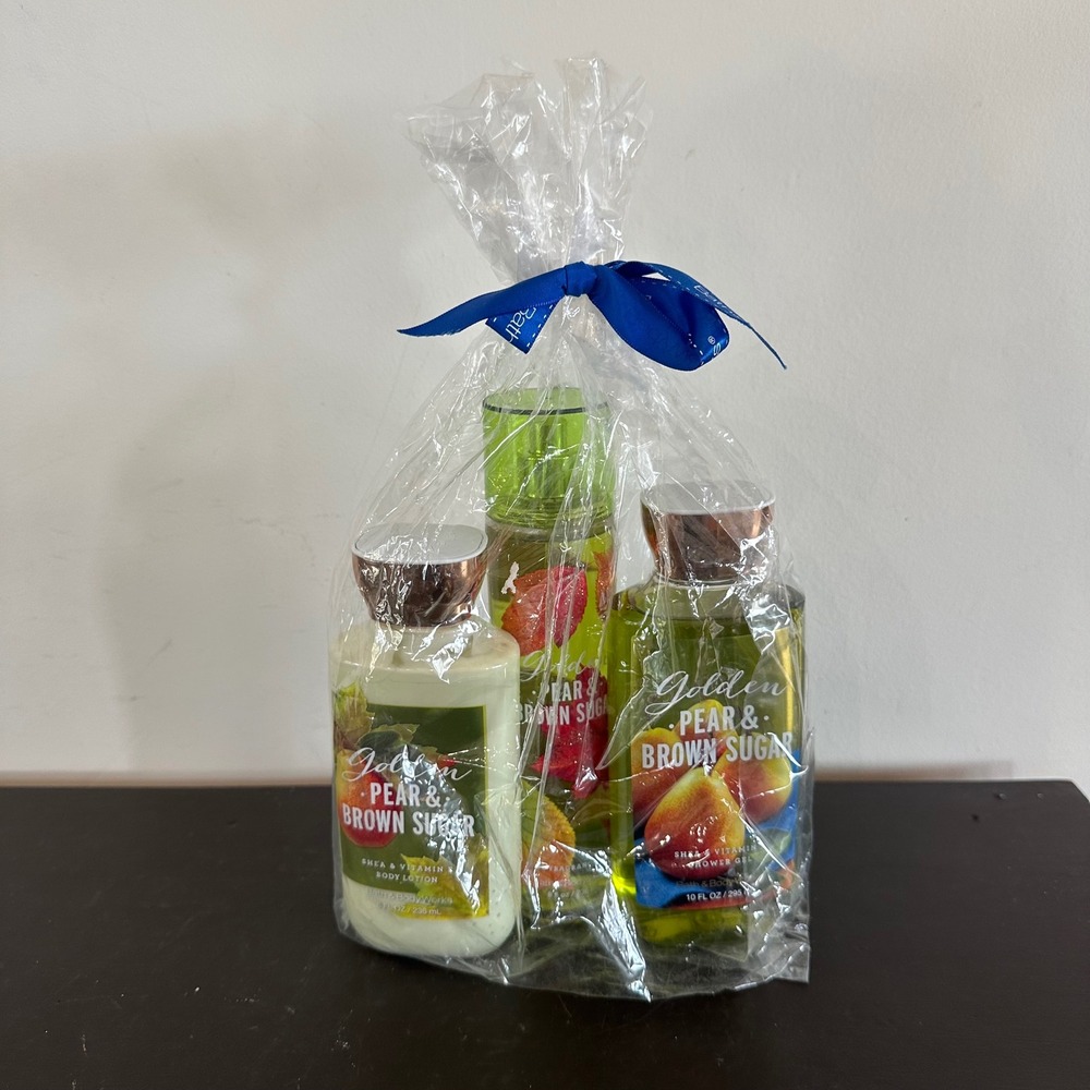 New Bath & Body Works Golden Pear & Brown Sugar 3 Piece Gift Set Mist Lotion Gel